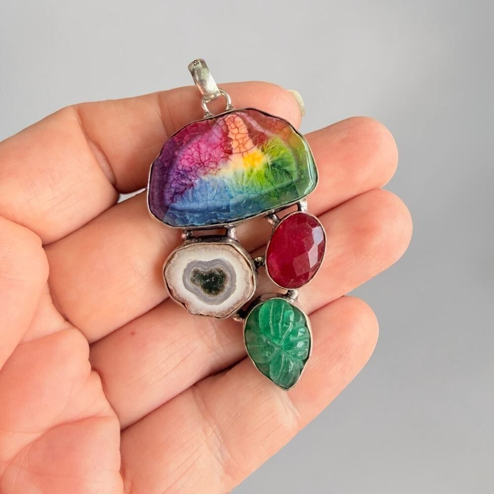 Rainbow Solar Quartz Ruby Agate 925 Silver Plated Pendant - Picture 3 of 8